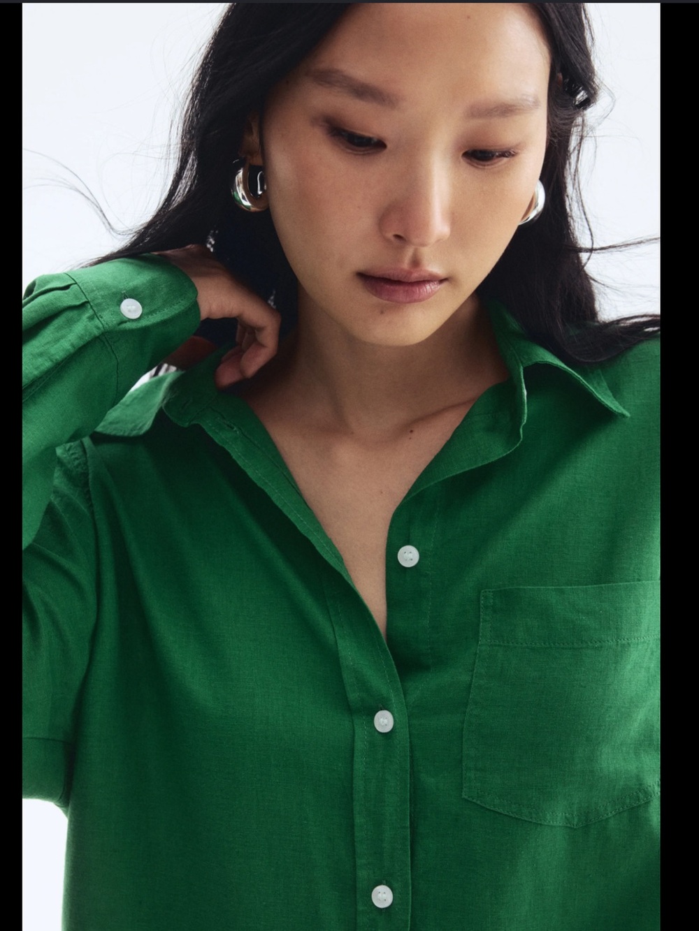 Ouku Cotton Linen Blend Green Button-Up Shirt 2XL